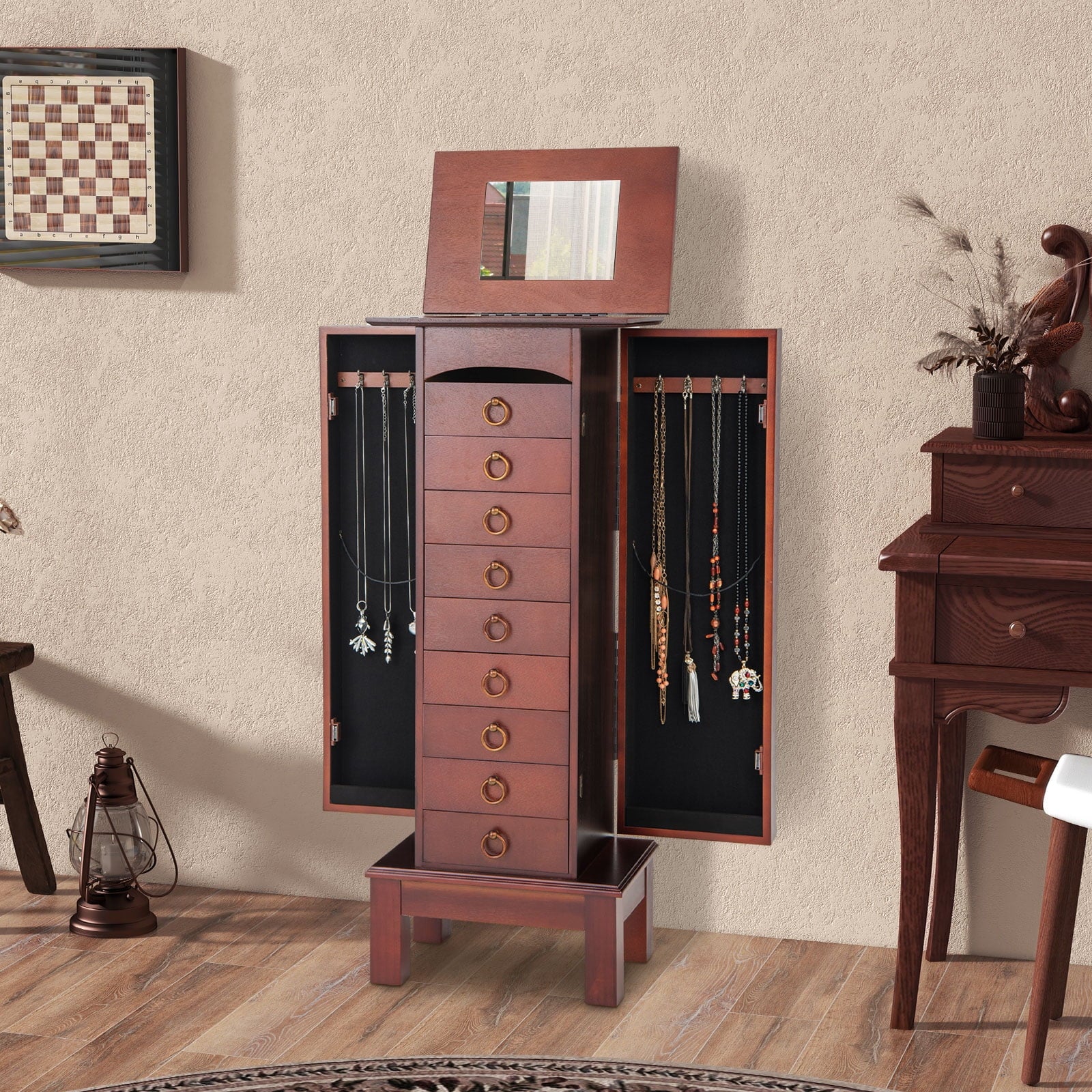 Wood Jewelry Cabinet Armoire Storage Box Chest Stand Organizer Indoor Bedroom