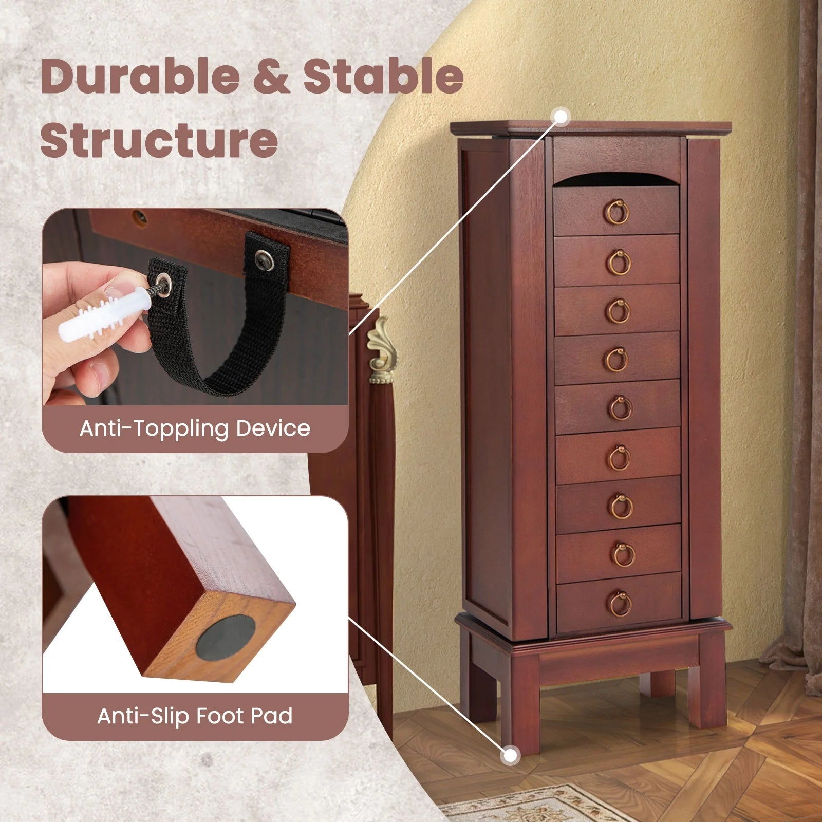 Wood Jewelry Cabinet Armoire Storage Box Chest Stand Organizer Indoor Bedroom