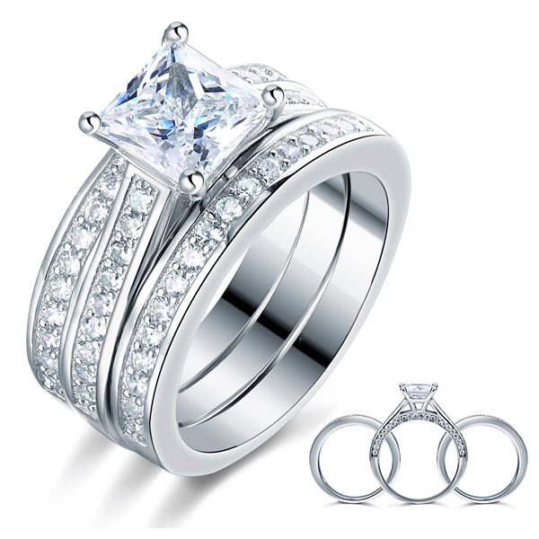 925 Sterling Silver 3 Pcs Wedding Engagement Ring Set Created Diamond XFR8197-0