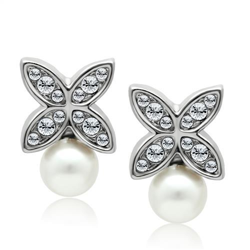 LO1987 - Rhodium White Metal Earrings with Synthetic Pearl in White-0