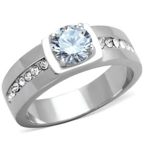 TK1816 - High polished (no plating) Stainless Steel Ring with AAA Grade CZ  in Clear-0