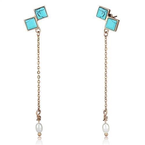 TK2814 - IP Rose Gold(Ion Plating) Stainless Steel Earrings with Synthetic Turquoise in Sea Blue-0