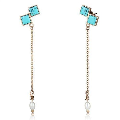 TK2814 - IP Rose Gold(Ion Plating) Stainless Steel Earrings with Synthetic Turquoise in Sea Blue-0